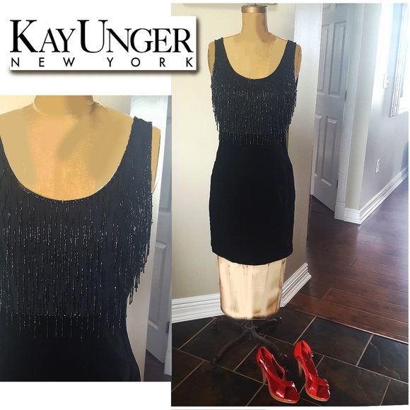 Kay Unger women's size 4 black velvet & bead dress - Picture 2 of 6